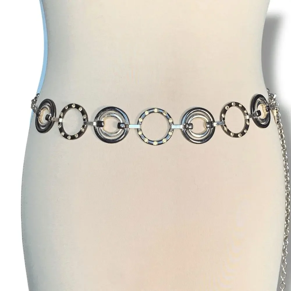 Chicos Black Gold Enamel Link Disc Chain Waist Belt Statement Accessory Boho‎